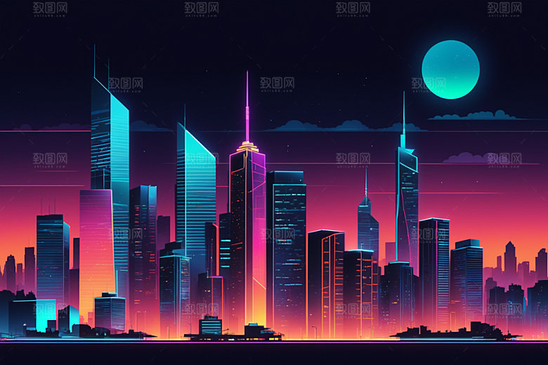 霓虹城市未来科技感插画