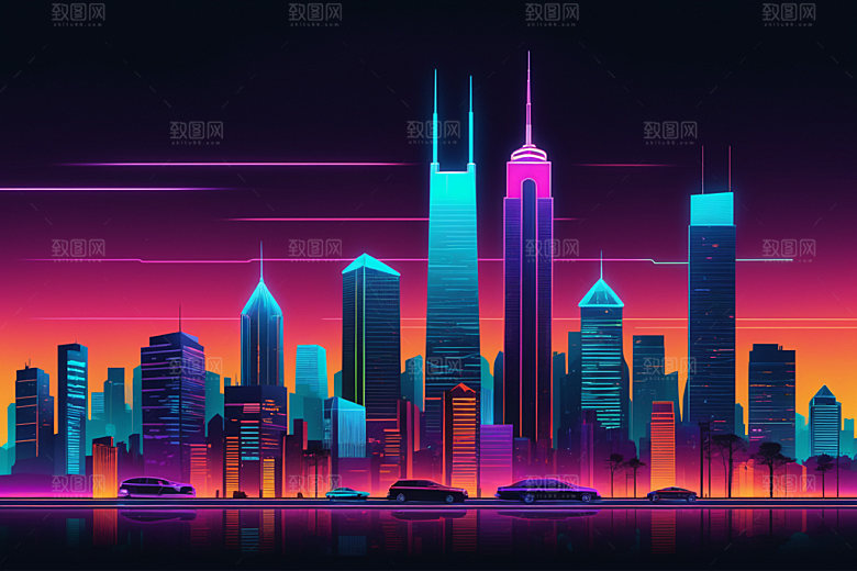 霓虹城市赛博朋克地标插画
