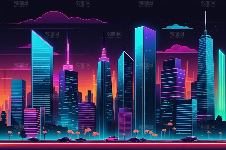 霓虹城市建筑未来插画