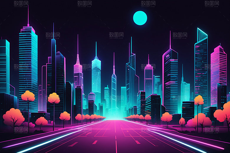 霓虹城市赛博朋克建筑插画