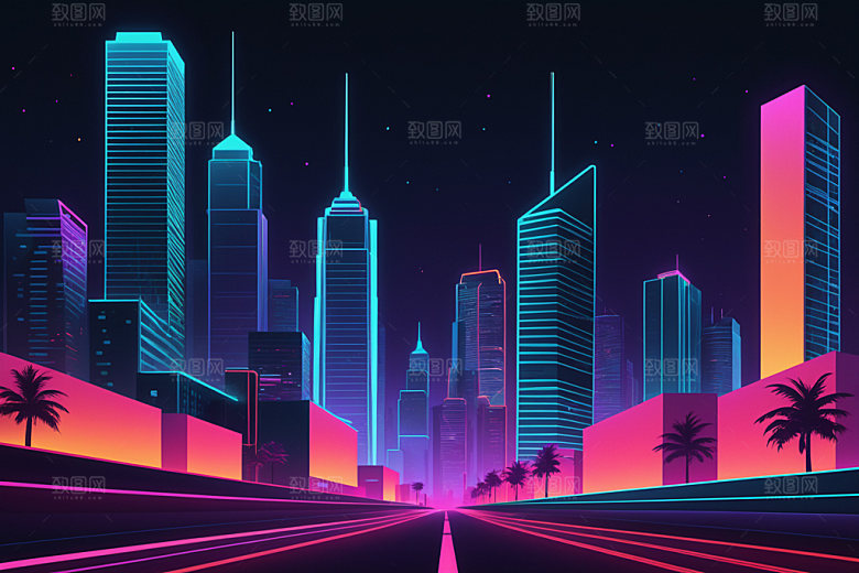 霓虹城市未来科技感插画