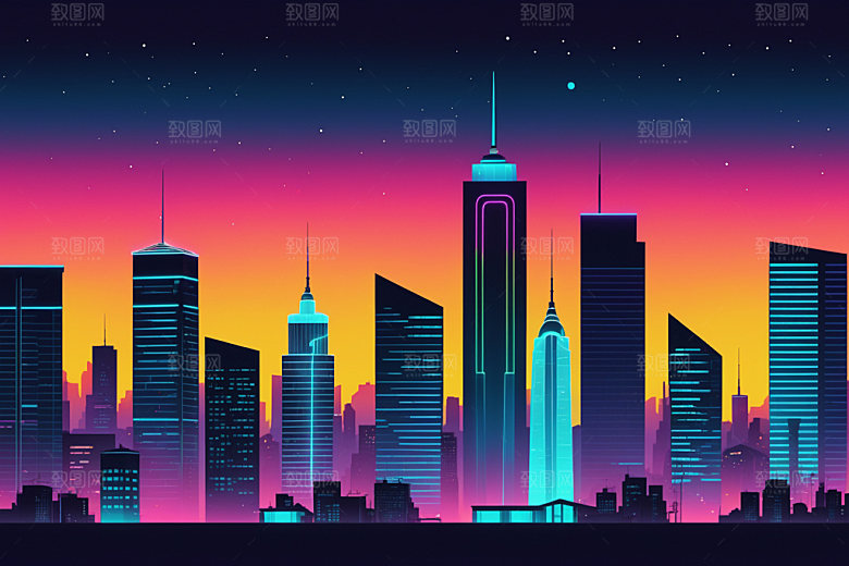 霓虹城市建筑彩色插画