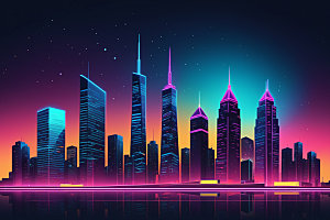 霓虹城市都市元素插画
