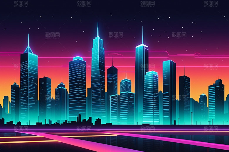 霓虹城市赛博朋克科技感插画