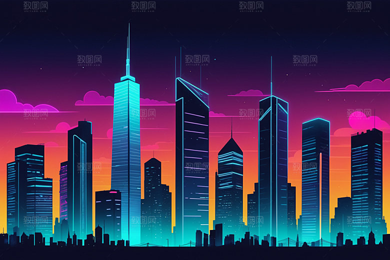 霓虹城市地标彩色插画
