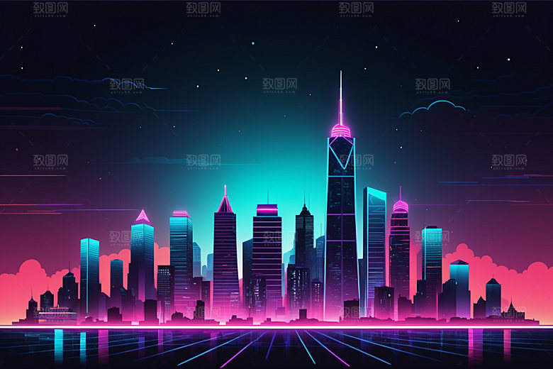 霓虹城市时尚彩色插画