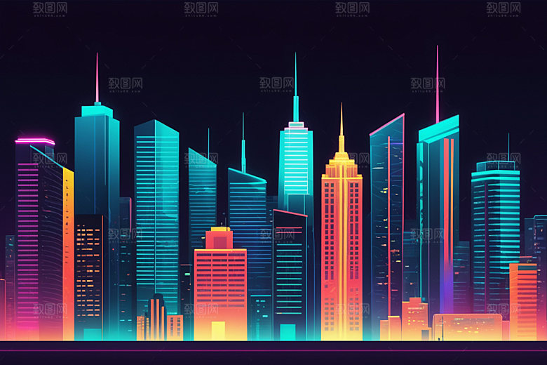 霓虹城市地标未来插画