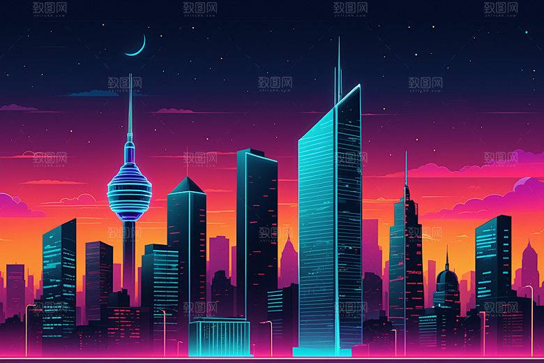 霓虹城市时尚建筑插画