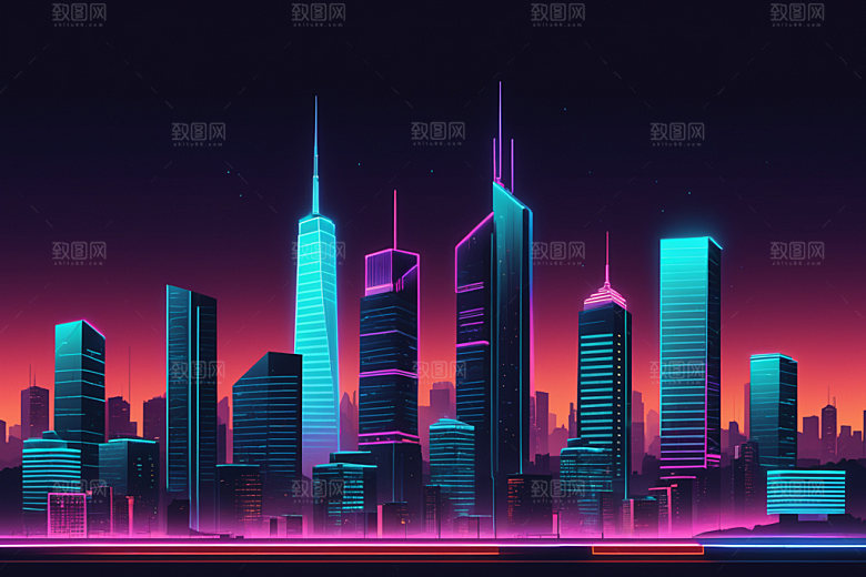 霓虹城市彩色地标插画