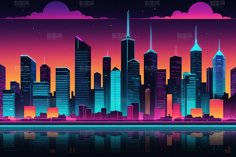 霓虹城市赛博朋克未来插画