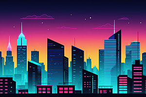 霓虹城市建筑时尚插画