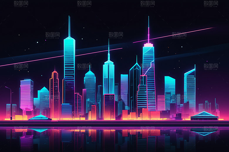 霓虹城市未来建筑插画