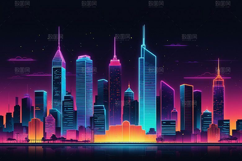 霓虹城市元素都市插画