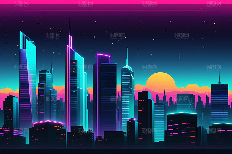 霓虹城市科技感彩色插画