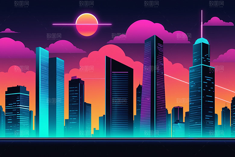 霓虹城市都市建筑插画