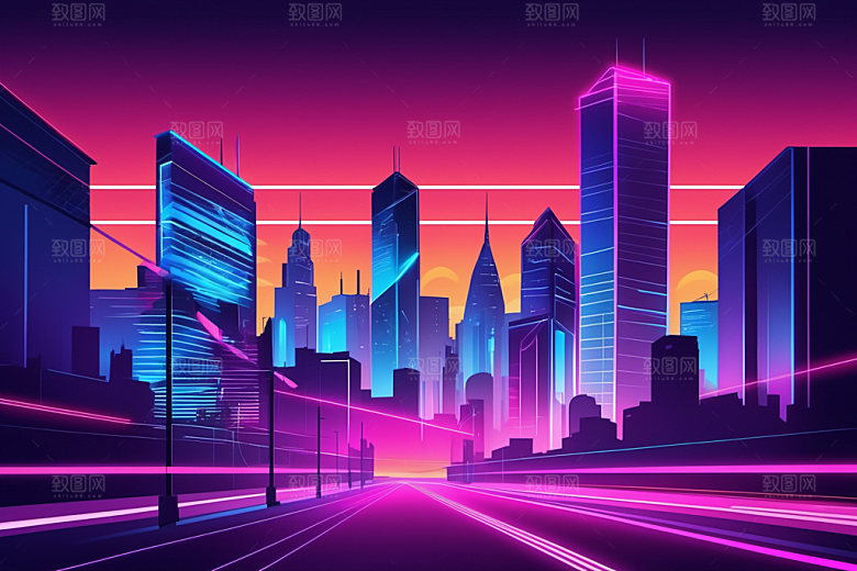 霓虹城市科技感彩色插画