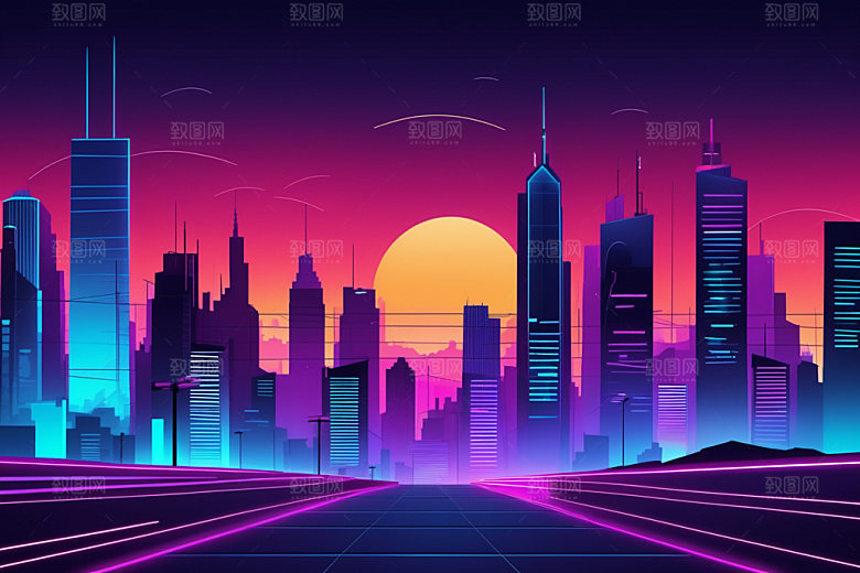 霓虹城市建筑元素插画