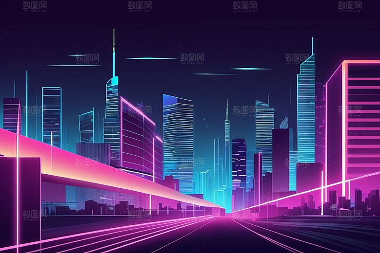 霓虹城市科技感元素插画