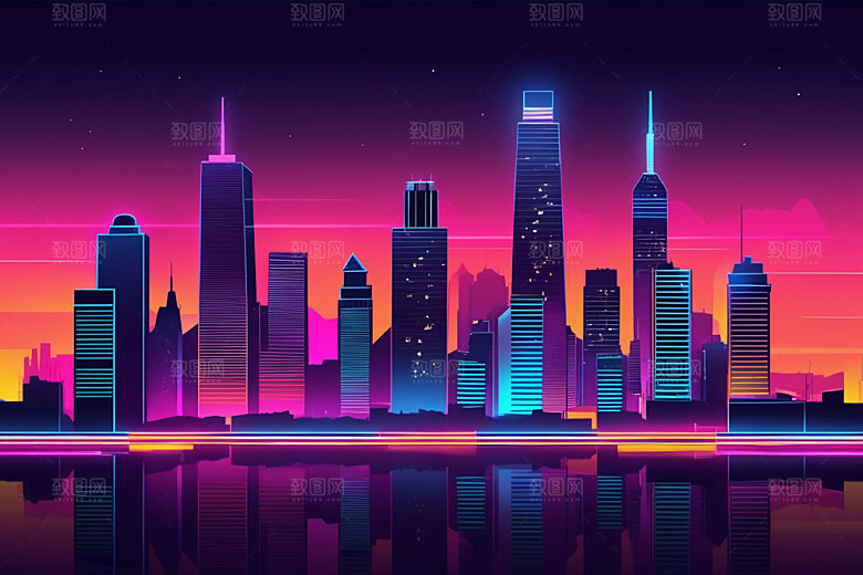 霓虹城市建筑科技感插画