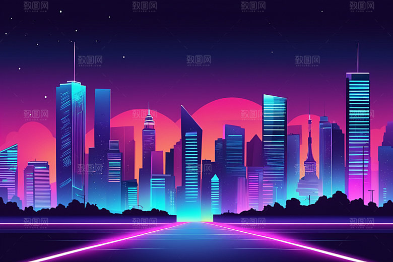 霓虹城市彩色地标插画