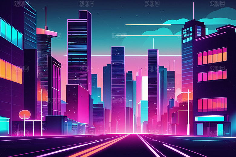 霓虹城市都市地标插画