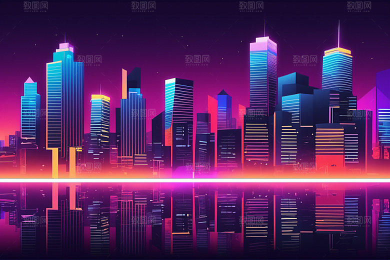 霓虹城市都市地标插画