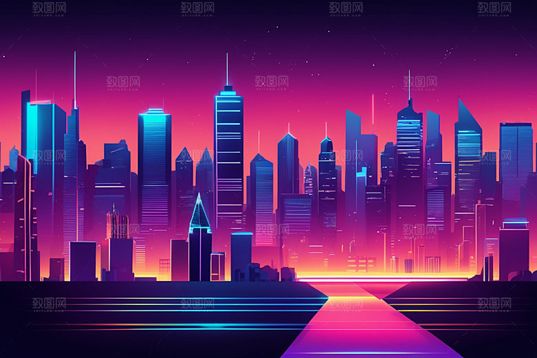 霓虹城市都市建筑插画