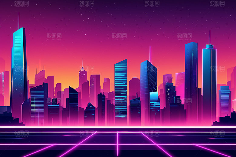 霓虹城市赛博朋克科技感插画