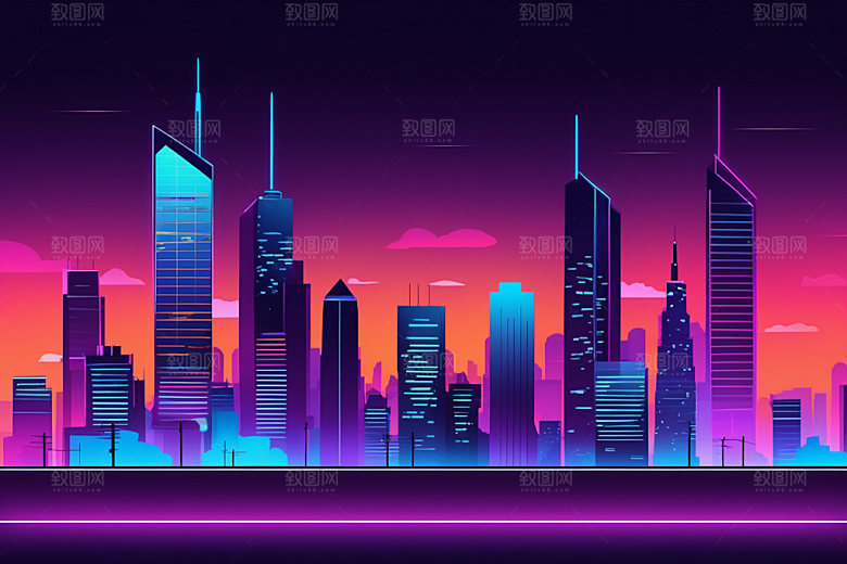 霓虹城市元素科技感插画
