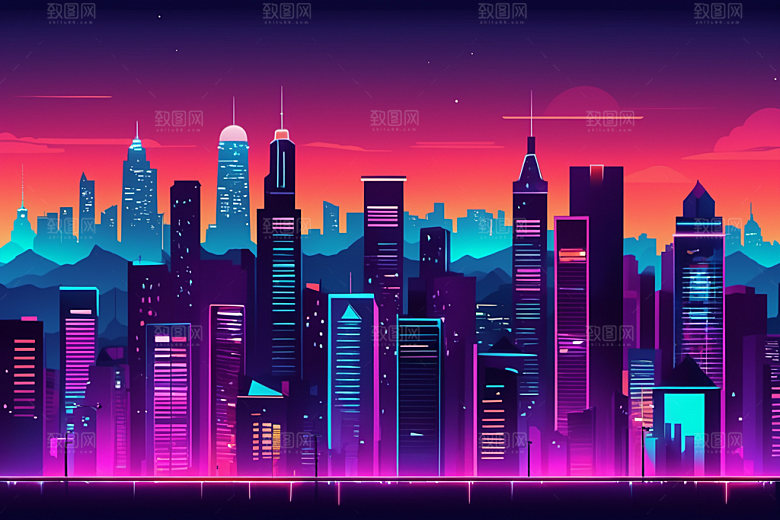 霓虹城市元素未来插画