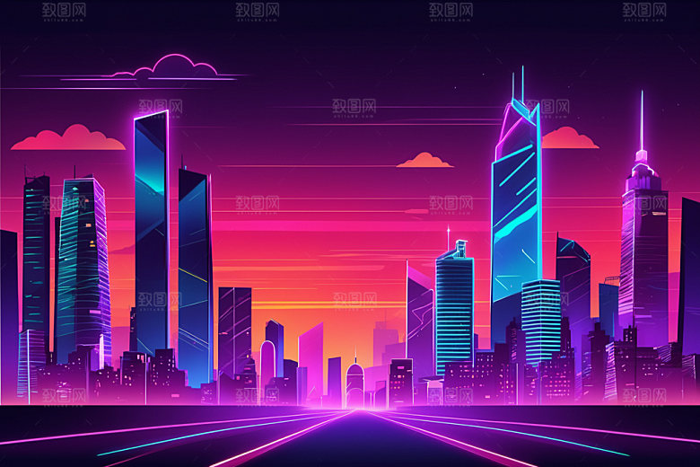 霓虹城市科技感赛博朋克插画