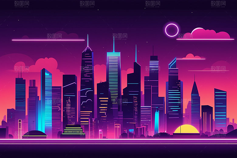 霓虹城市赛博朋克地标插画
