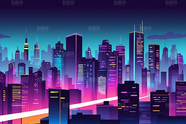 霓虹城市都市地标插画