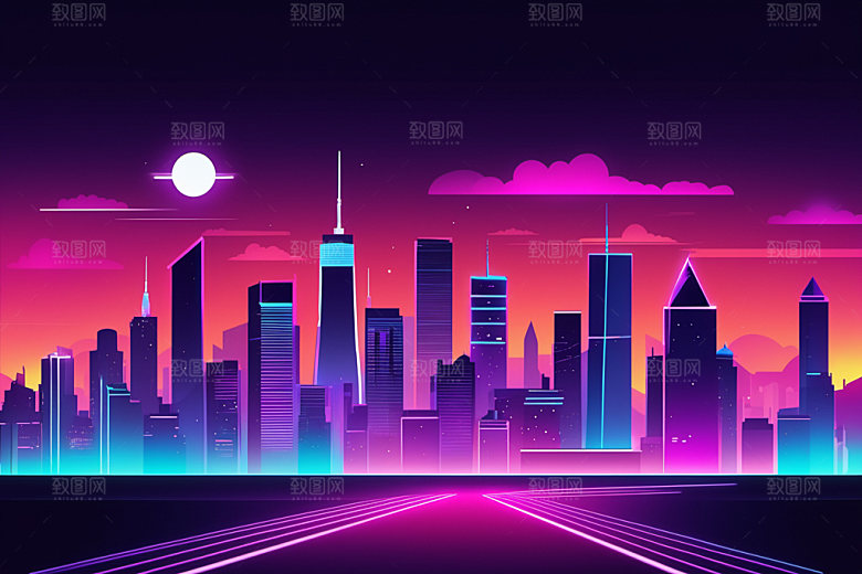 霓虹城市建筑时尚插画