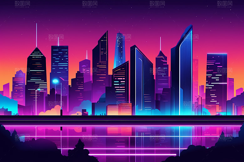 霓虹城市未来科技感插画