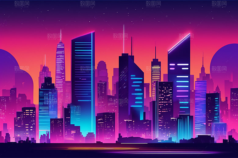 霓虹城市都市科技感插画
