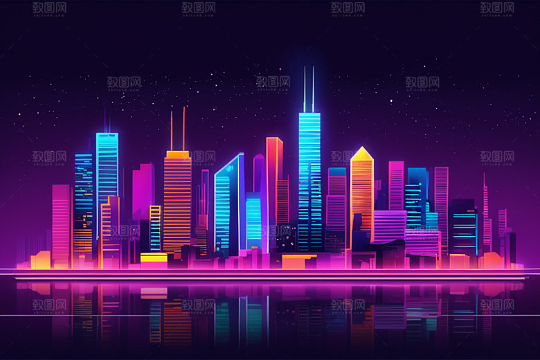 霓虹城市彩色都市插画