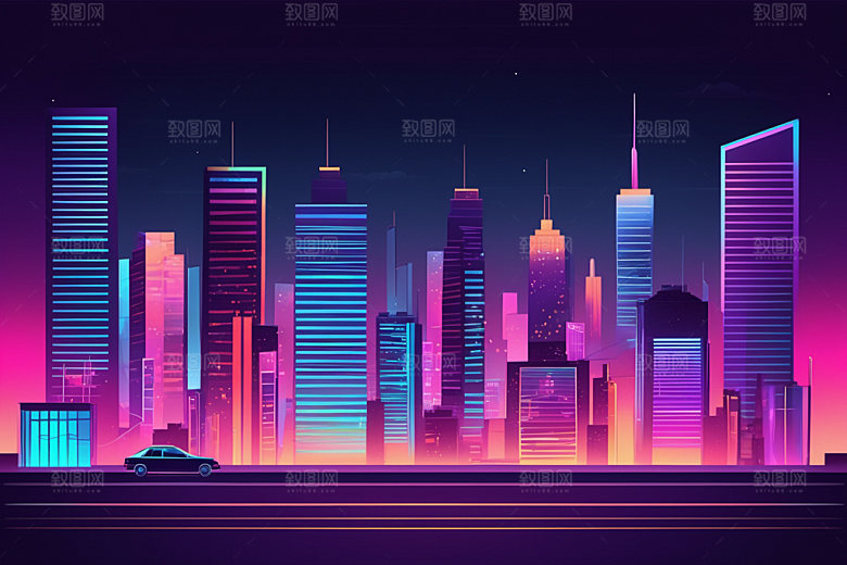 霓虹城市彩色地标插画