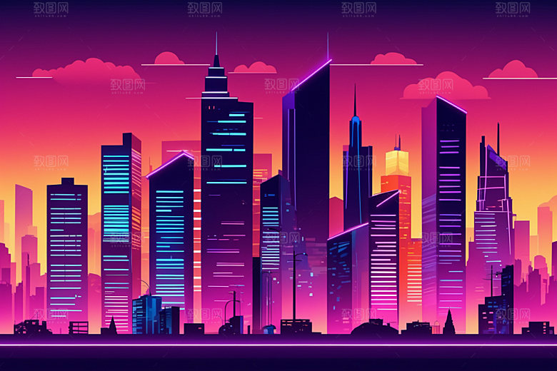 霓虹城市地标未来插画