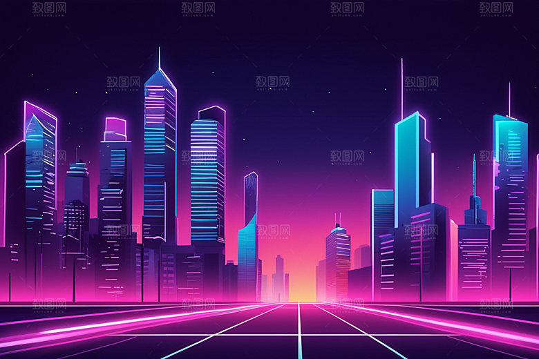 霓虹城市彩色未来插画