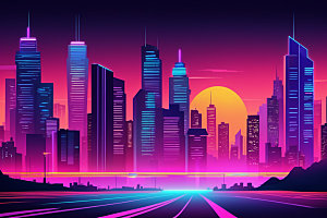 霓虹城市元素建筑插画