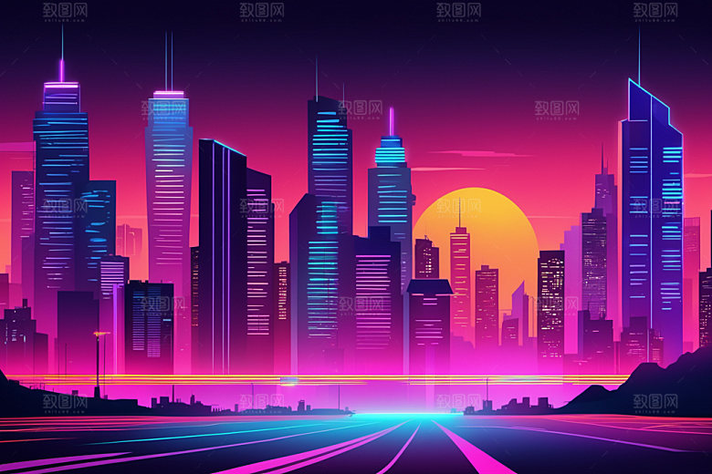 霓虹城市元素建筑插画