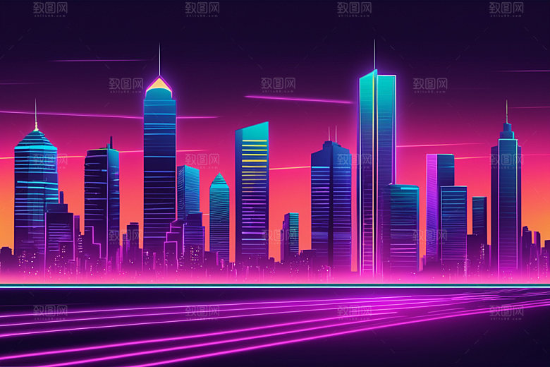 霓虹城市时尚建筑插画