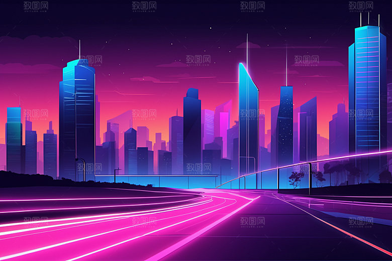 霓虹城市建筑赛博朋克插画