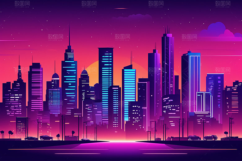 霓虹城市未来彩色插画
