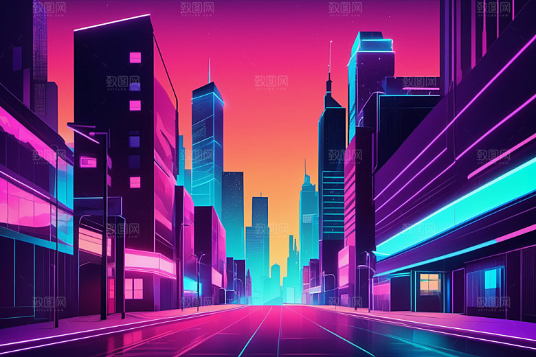 霓虹城市赛博朋克地标插画