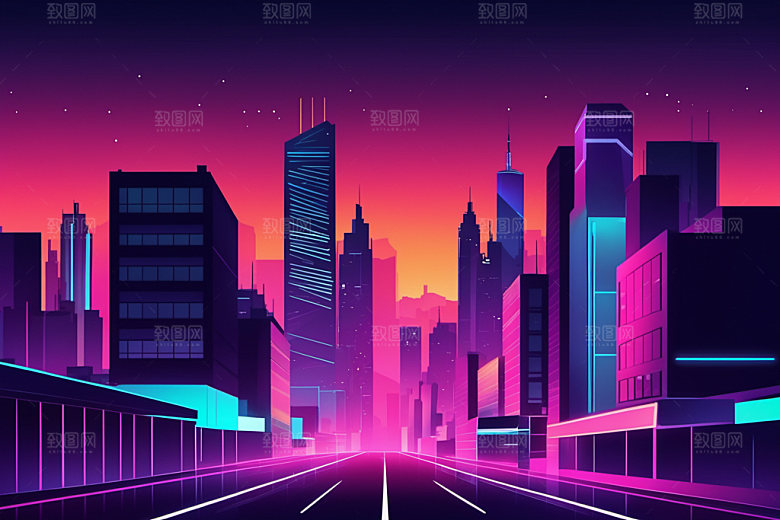霓虹城市元素赛博朋克插画
