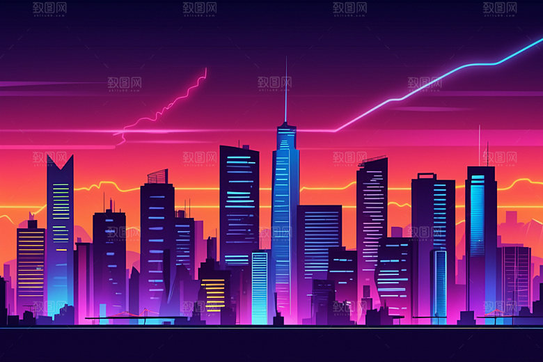 霓虹城市地标彩色插画