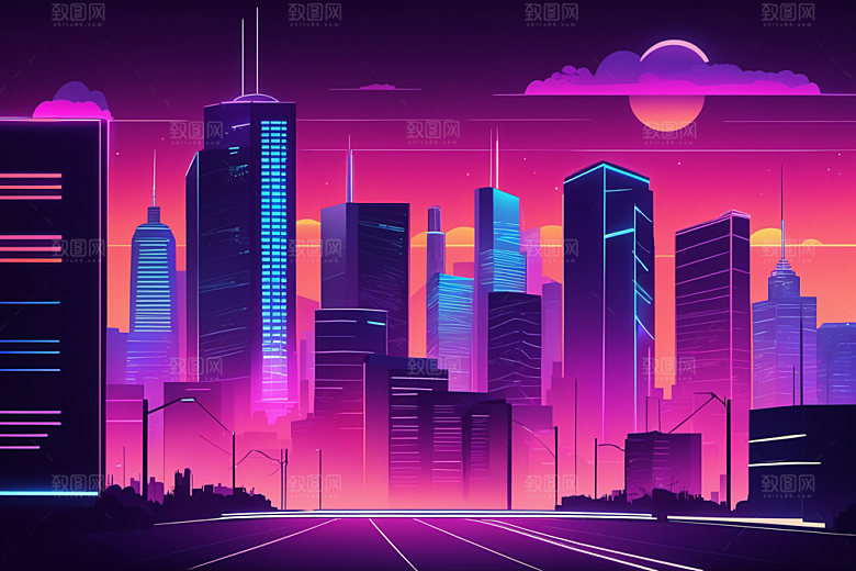 霓虹城市彩色未来插画