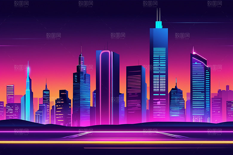 霓虹城市赛博朋克元素插画
